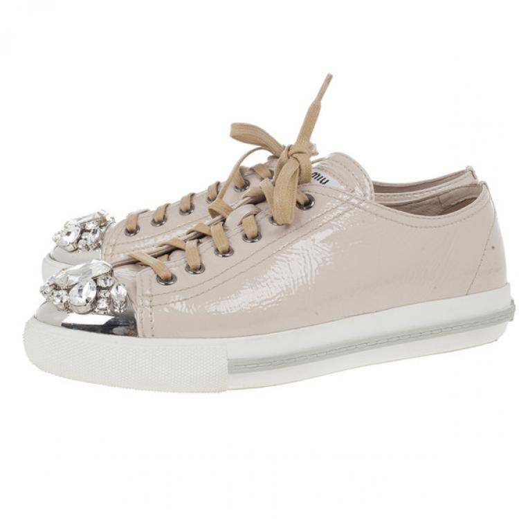 Pre Owned Miu Miu Nude Patent Leather Jewel Studded Cap Toe Sneakers Size 38