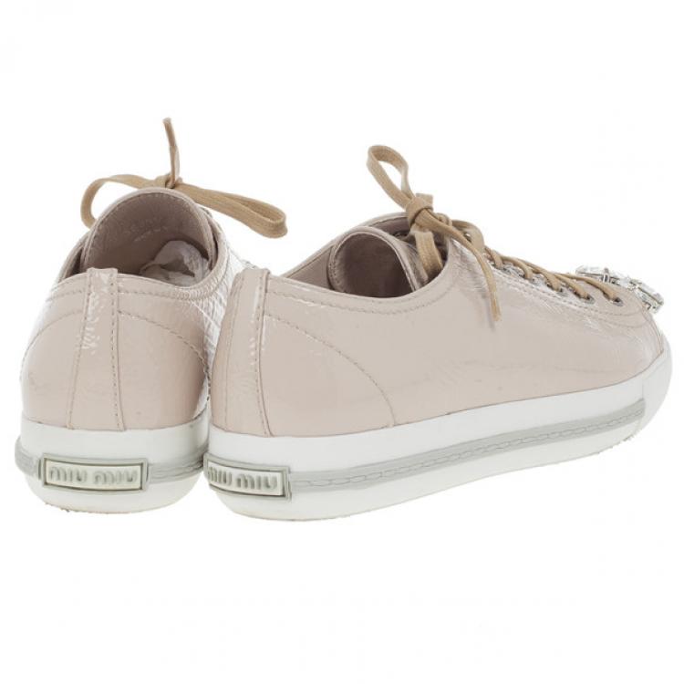 Pre Owned Miu Miu Nude Patent Leather Jewel Studded Cap Toe Sneakers Size 38