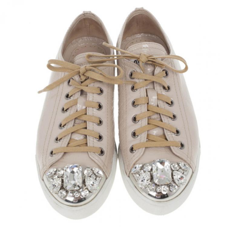 Pre Owned Miu Miu Nude Patent Leather Jewel Studded Cap Toe Sneakers Size 38