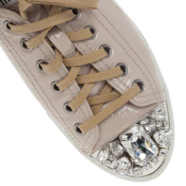 Pre Owned Miu Miu Nude Patent Leather Jewel Studded Cap Toe Sneakers Size 38