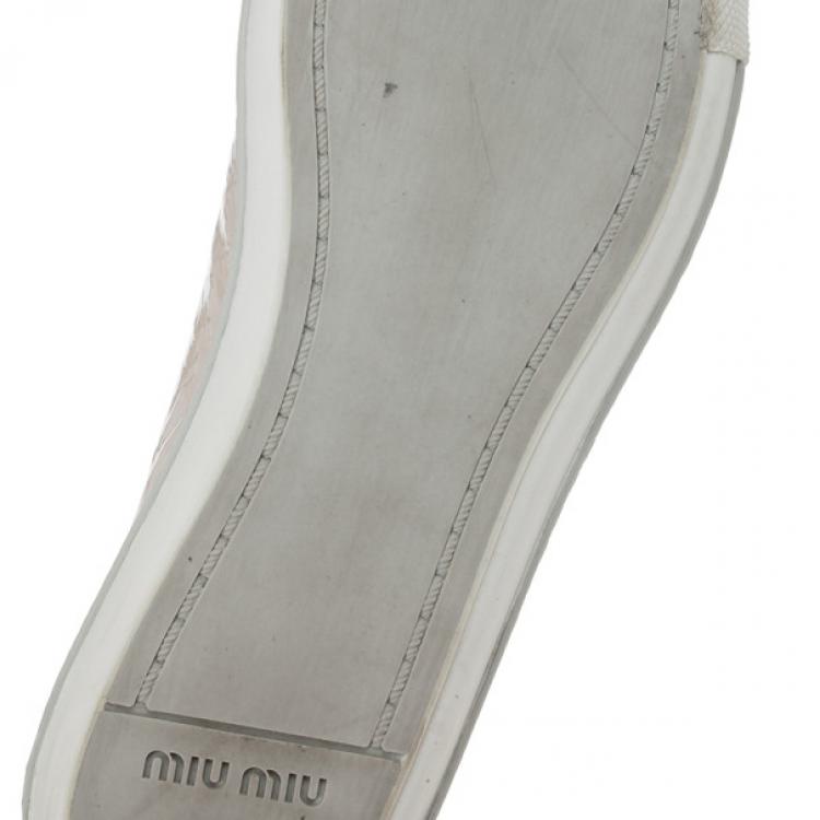 Pre Owned Miu Miu Nude Patent Leather Jewel Studded Cap Toe Sneakers Size 38
