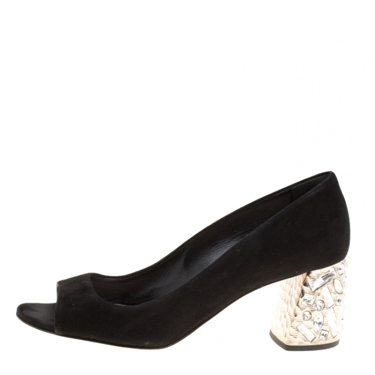 Pre Owned Miu Miu Black Suede Crystal Embellished Peep Toe Pumps Size 36.5