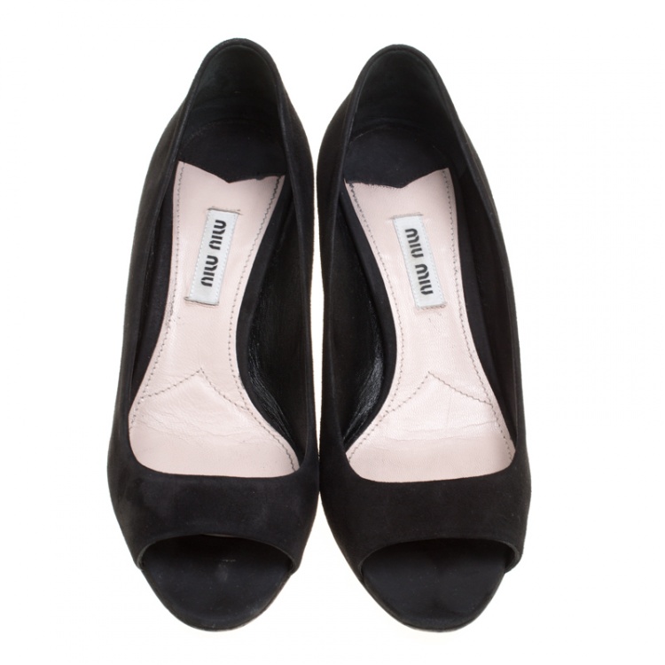 Pre Owned Miu Miu Black Suede Crystal Embellished Peep Toe Pumps Size 36.5