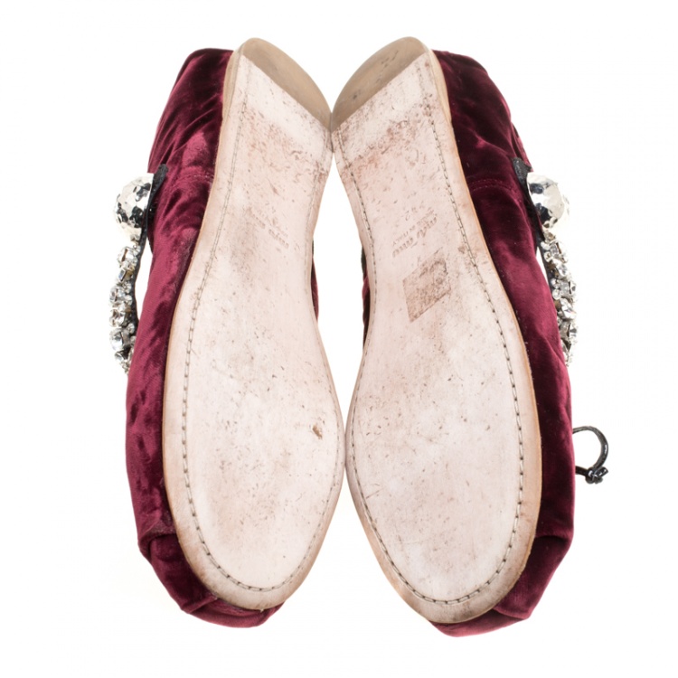 Pre Owned Miu Miu Bordeaux Velvet Crystal Embellished Strap Ballet Flats Size 42
