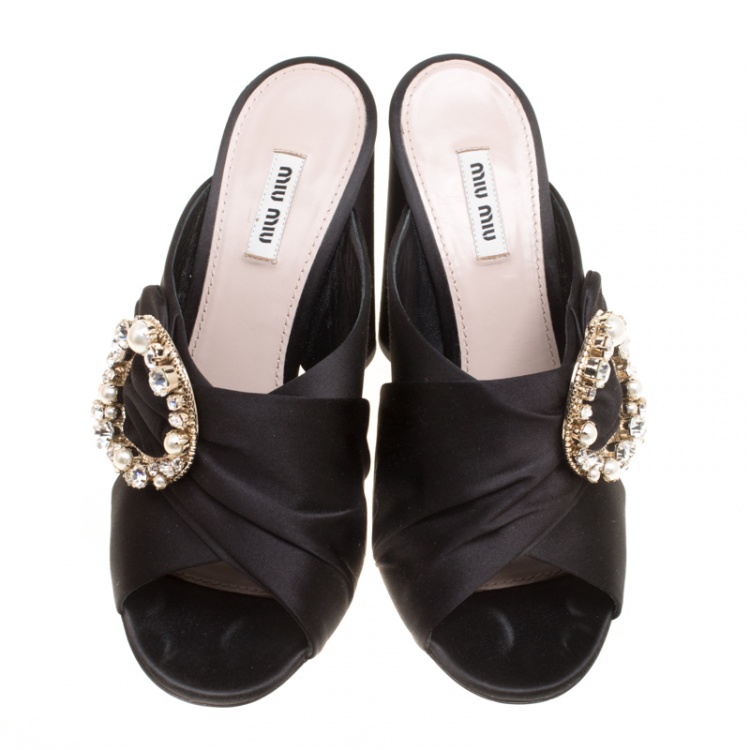 Pre Owned Miu Miu Black Satin Crystal and Faux Pearl Embellished Brooch Peep Toe Mules Size 40