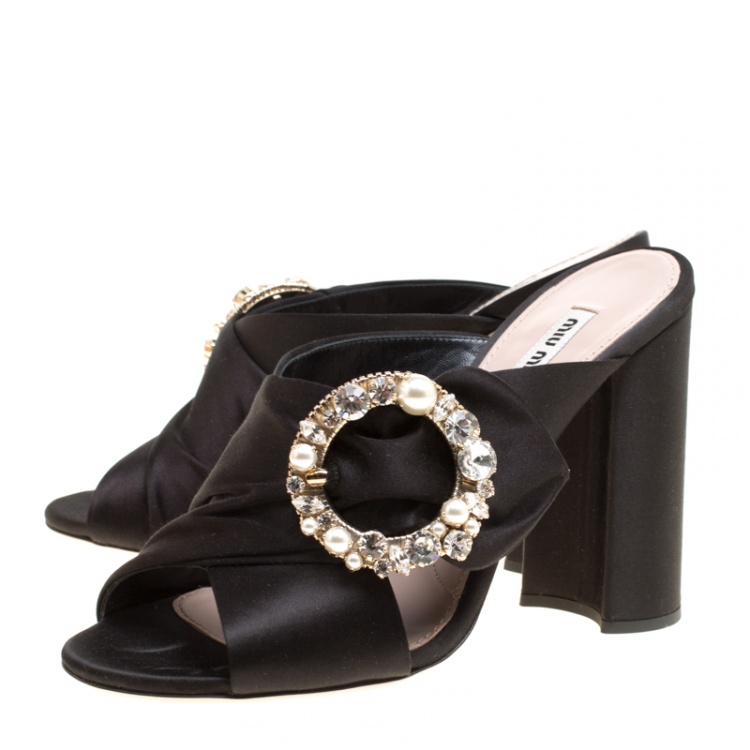 Pre Owned Miu Miu Black Satin Crystal and Faux Pearl Embellished Brooch Peep Toe Mules Size 40