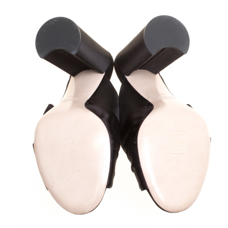 Pre Owned Miu Miu Black Satin Crystal and Faux Pearl Embellished Brooch Peep Toe Mules Size 40