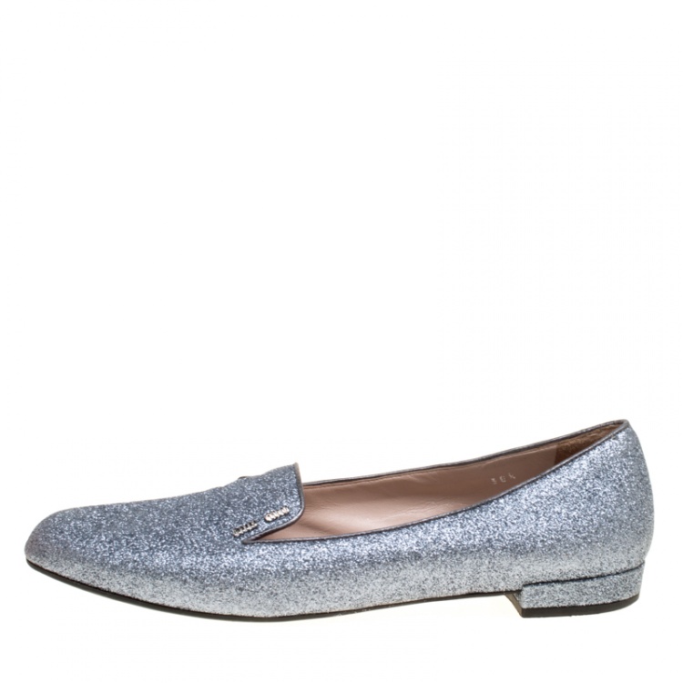 Pre Owned Miu Miu Metallic Silver Glitter Smoking Slippers Size 38.5
