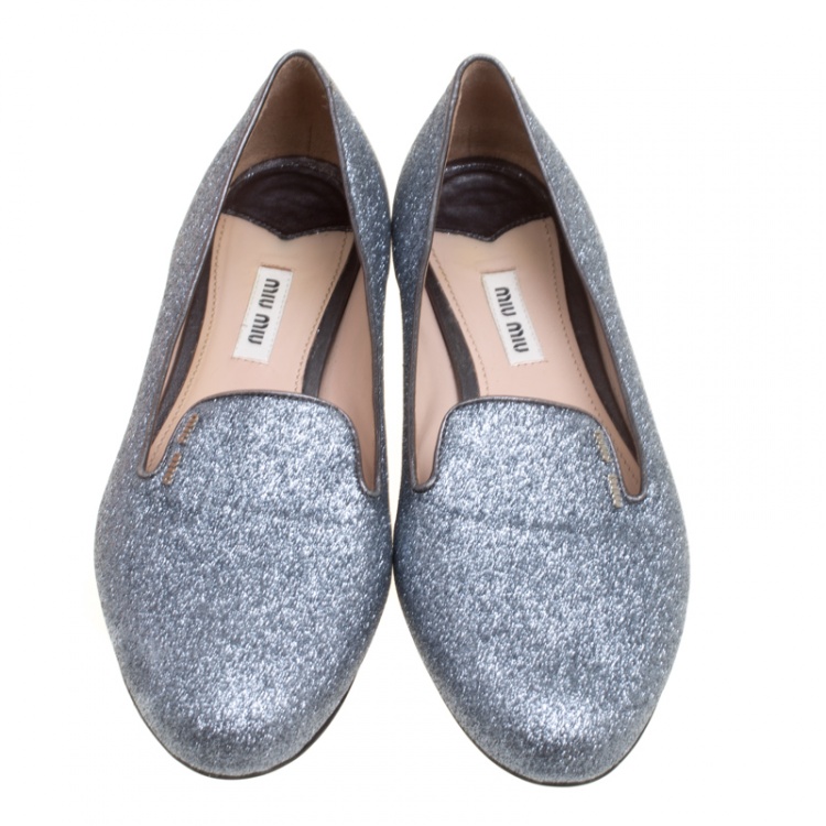 Pre Owned Miu Miu Metallic Silver Glitter Smoking Slippers Size 38.5