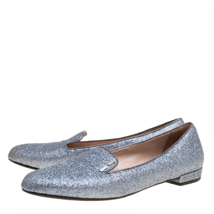 Pre Owned Miu Miu Metallic Silver Glitter Smoking Slippers Size 38.5