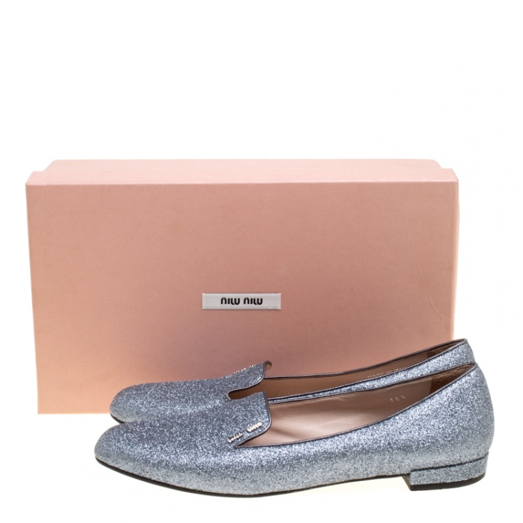 Pre Owned Miu Miu Metallic Silver Glitter Smoking Slippers Size 38.5