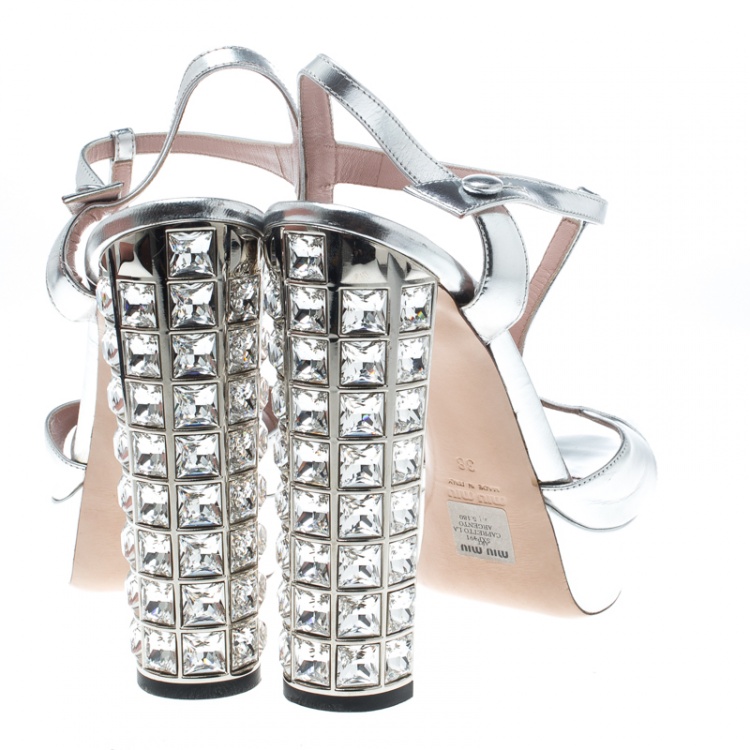 Pre Owned Miu Miu Silver Leather T Strap Crystal Embellished Heel Platform Sandals Size 38