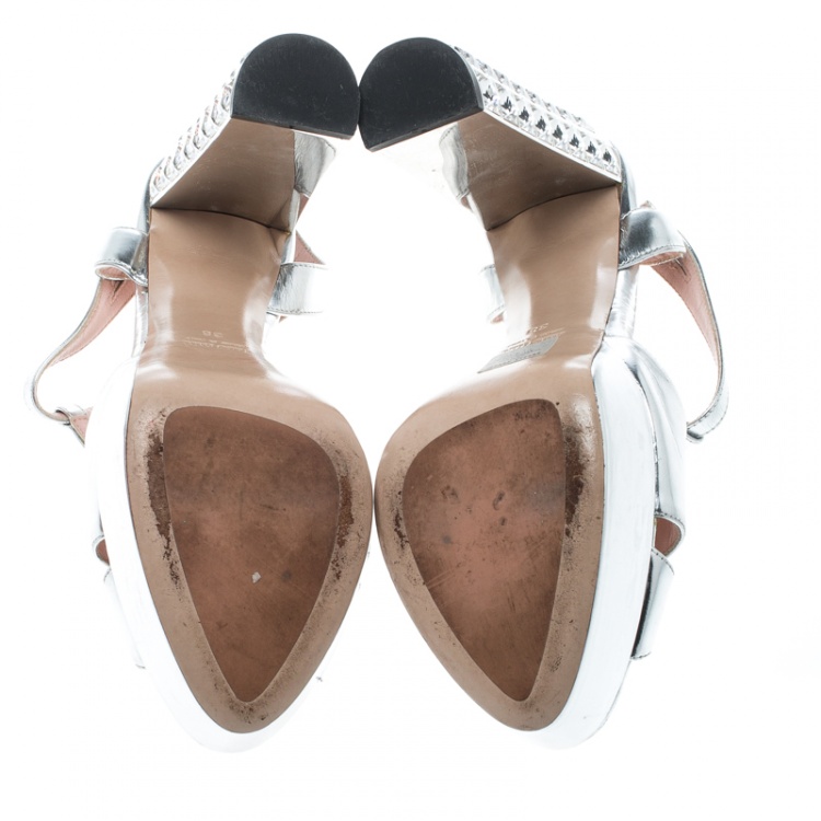 Pre Owned Miu Miu Silver Leather T Strap Crystal Embellished Heel Platform Sandals Size 38