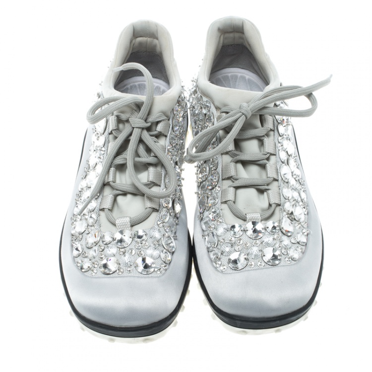 Pre Owned Miu Miu Grey Embellished Satin and Mesh Astro Sneakers Size 38