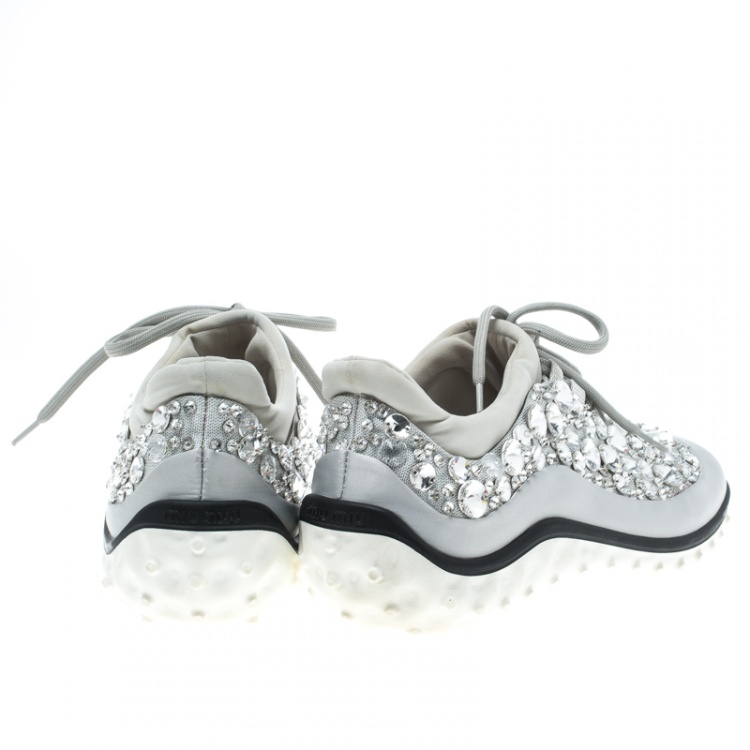 Pre Owned Miu Miu Grey Embellished Satin and Mesh Astro Sneakers Size 38