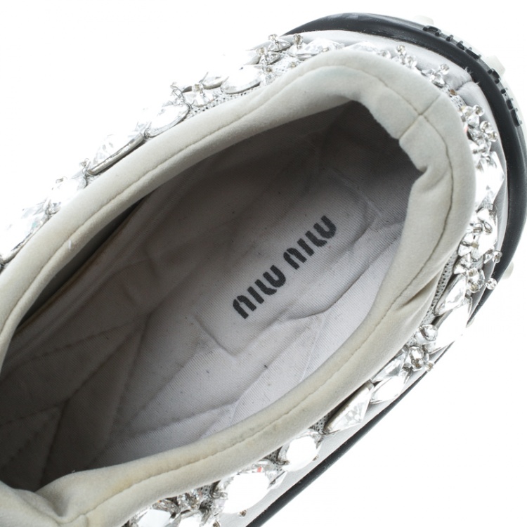 Pre Owned Miu Miu Grey Embellished Satin and Mesh Astro Sneakers Size 38