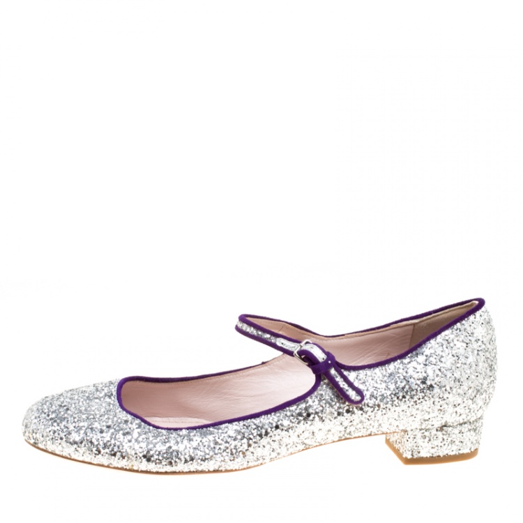 Pre Owned Miu Miu Silver Glitter Mary Jane Ballet Flats Size 39