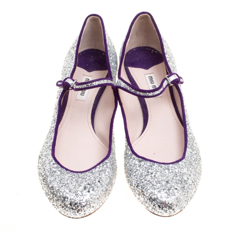 Pre Owned Miu Miu Silver Glitter Mary Jane Ballet Flats Size 39