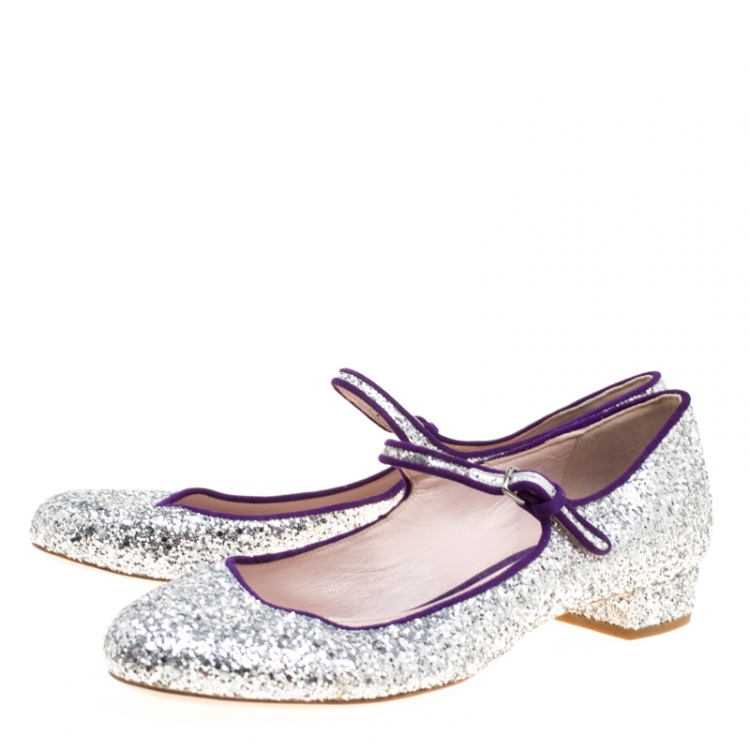 Pre Owned Miu Miu Silver Glitter Mary Jane Ballet Flats Size 39