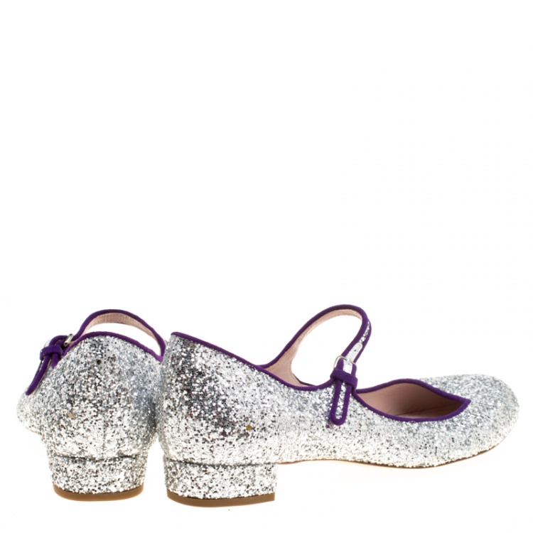 Pre Owned Miu Miu Silver Glitter Mary Jane Ballet Flats Size 39