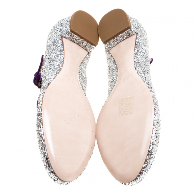 Pre Owned Miu Miu Silver Glitter Mary Jane Ballet Flats Size 39