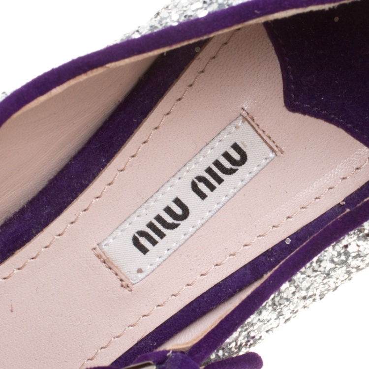 Pre Owned Miu Miu Silver Glitter Mary Jane Ballet Flats Size 39
