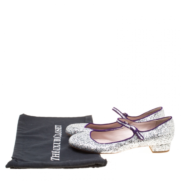 Pre Owned Miu Miu Silver Glitter Mary Jane Ballet Flats Size 39