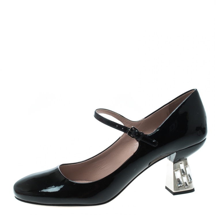 Pre Owned Miu Miu Black Patent Leather Crystal Embellished Heel Mary Jane Pumps Size 39