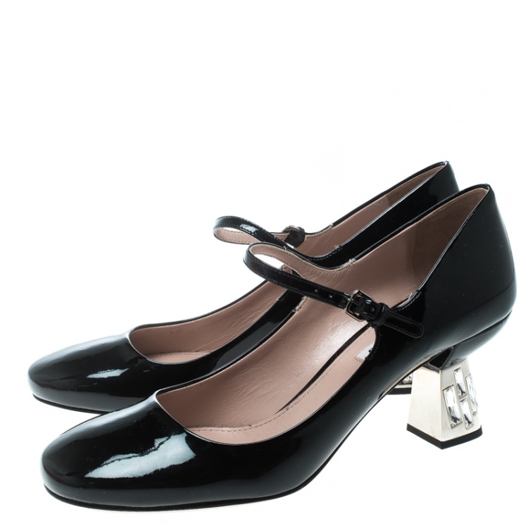 Pre Owned Miu Miu Black Patent Leather Crystal Embellished Heel Mary Jane Pumps Size 39