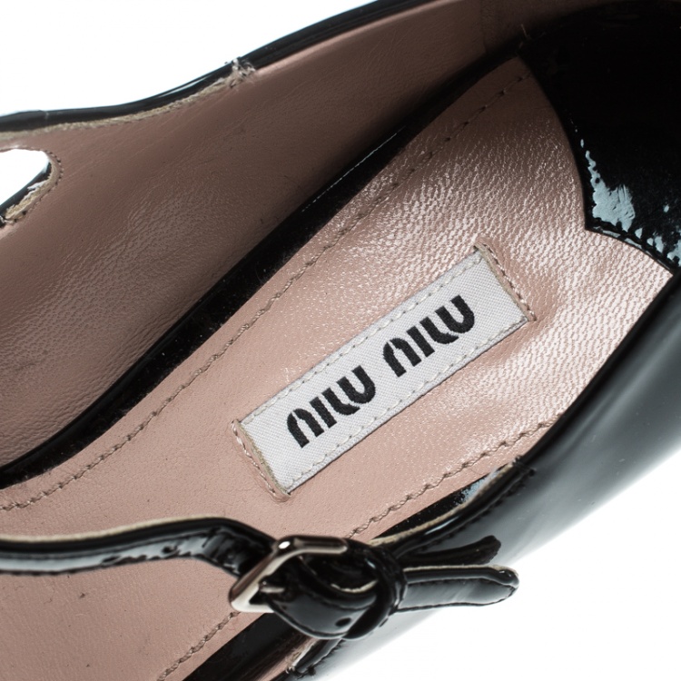 Pre Owned Miu Miu Black Patent Leather Crystal Embellished Heel Mary Jane Pumps Size 39
