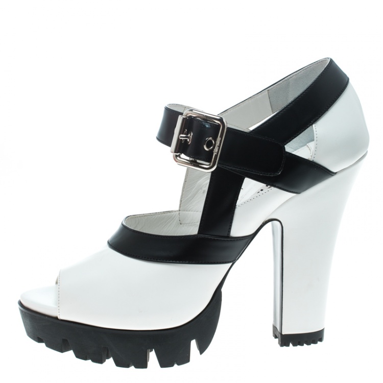 مملوكة مسبقًا Miu Miu Monochrome Leather Block Heel Sandals Size 41