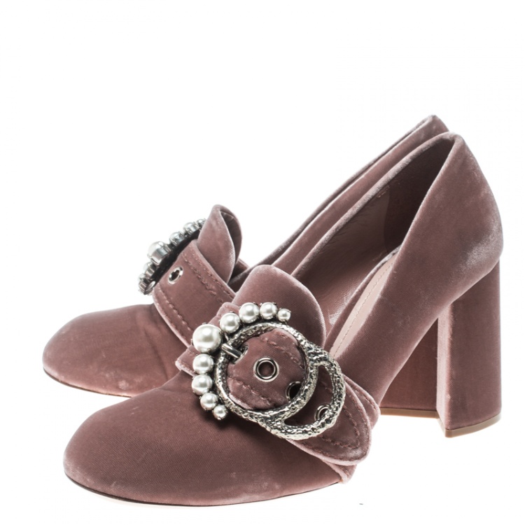 Pre Owned Miu Miu Pale Pink Velvet Pearl Embellished Buckle Block Heel Loafer Pumps Size 39.5
