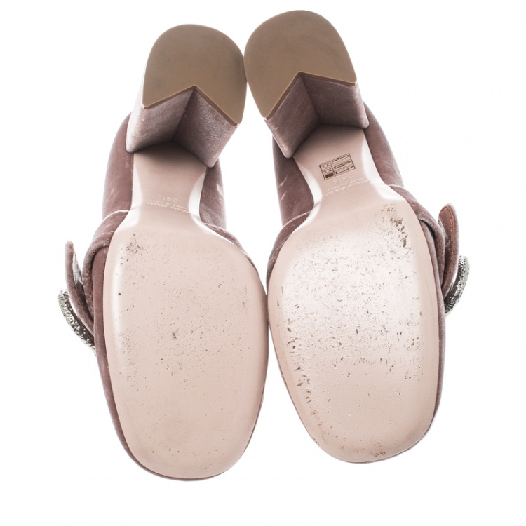 Pre Owned Miu Miu Pale Pink Velvet Pearl Embellished Buckle Block Heel Loafer Pumps Size 39.5