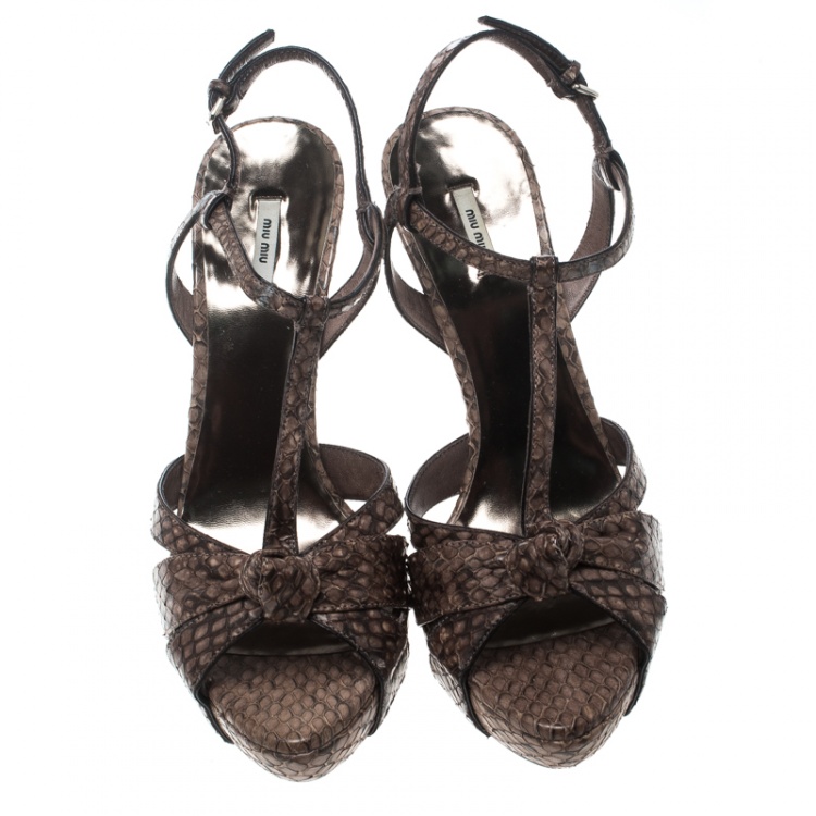 Pre Owned Miu Miu Brown Python Crystal Embellished Heel T Strap Platform Sandals Size 39