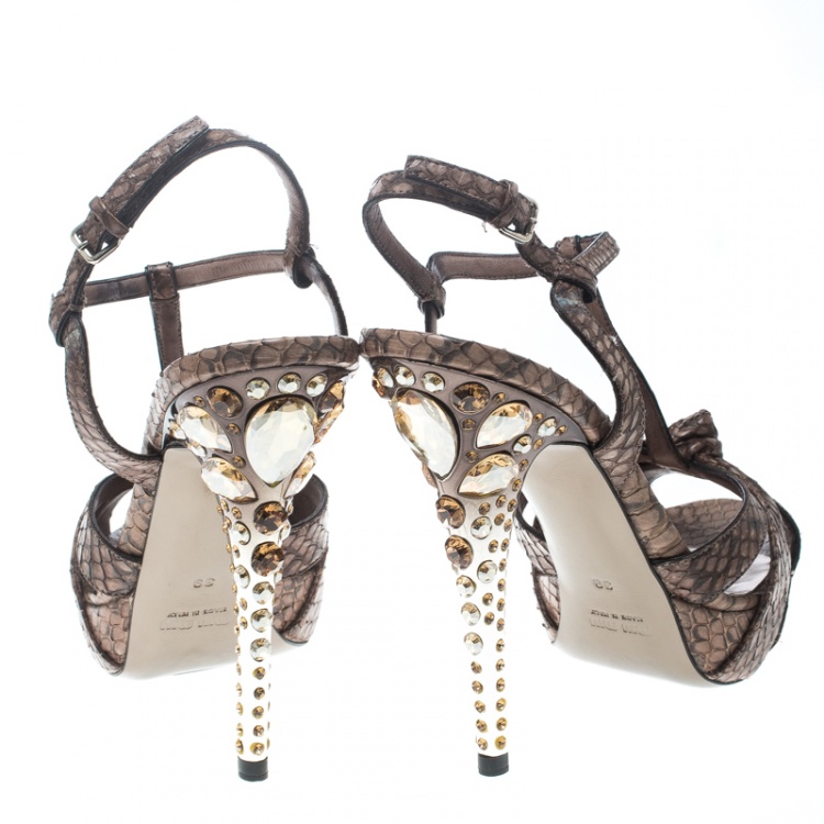 Pre Owned Miu Miu Brown Python Crystal Embellished Heel T Strap Platform Sandals Size 39