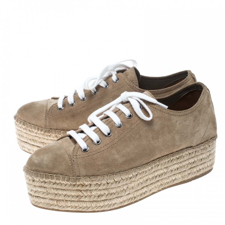 Pre Owned Miu Miu Beige Suede Espadrille Platform Sneakers Size 38