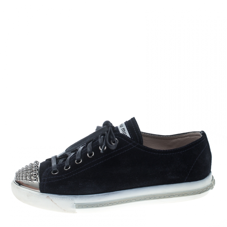 Pre Owned Miu Miu Midnight Blue Suede Studded Cap Toe Sneakers Size 38