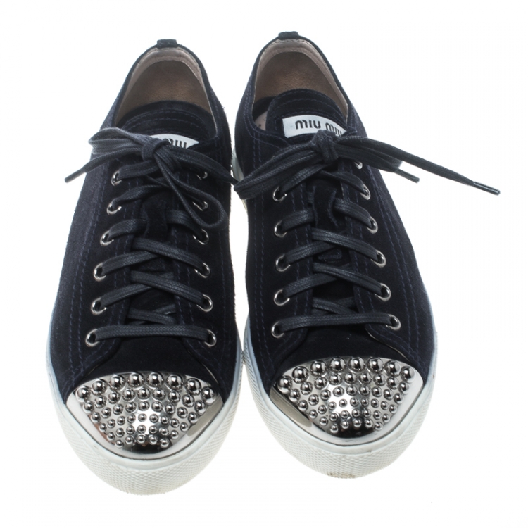 Pre Owned Miu Miu Midnight Blue Suede Studded Cap Toe Sneakers Size 38