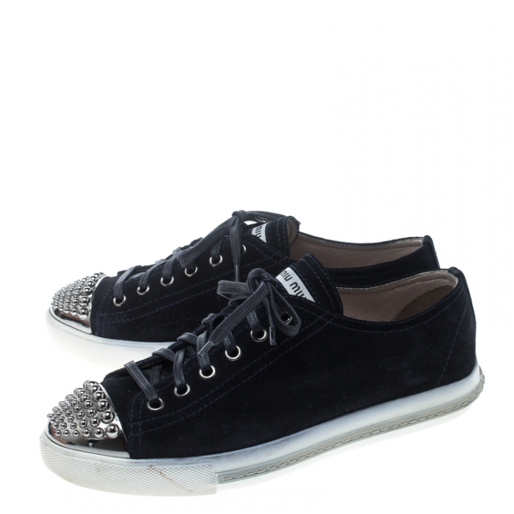 Pre Owned Miu Miu Midnight Blue Suede Studded Cap Toe Sneakers Size 38