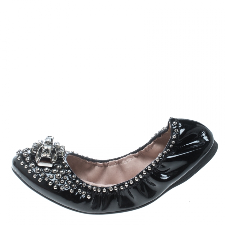 Pre Owned Miu Miu Black Studded Patent Leather Crystal Embellished Ballet Flats Size 37.5