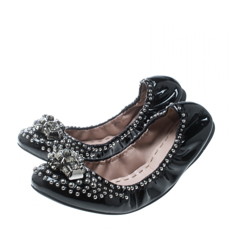 Pre Owned Miu Miu Black Studded Patent Leather Crystal Embellished Ballet Flats Size 37.5