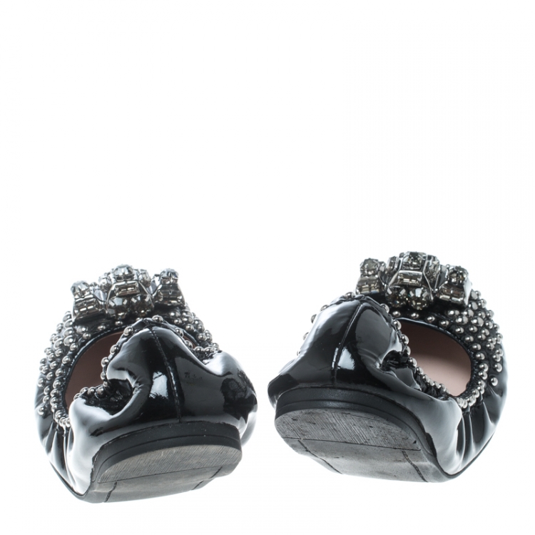 Pre Owned Miu Miu Black Studded Patent Leather Crystal Embellished Ballet Flats Size 37.5