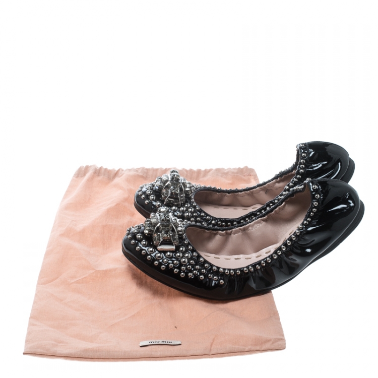 Pre Owned Miu Miu Black Studded Patent Leather Crystal Embellished Ballet Flats Size 37.5