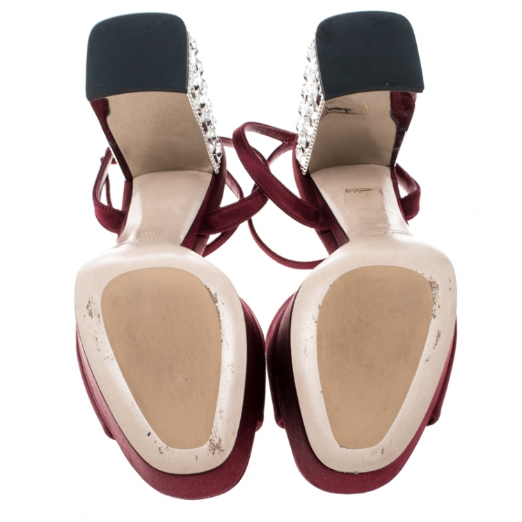 Pre Owned Miu Miu Burgundy Satin Crystal Embellished Block Heel Ankle Strap Sandals Size 36