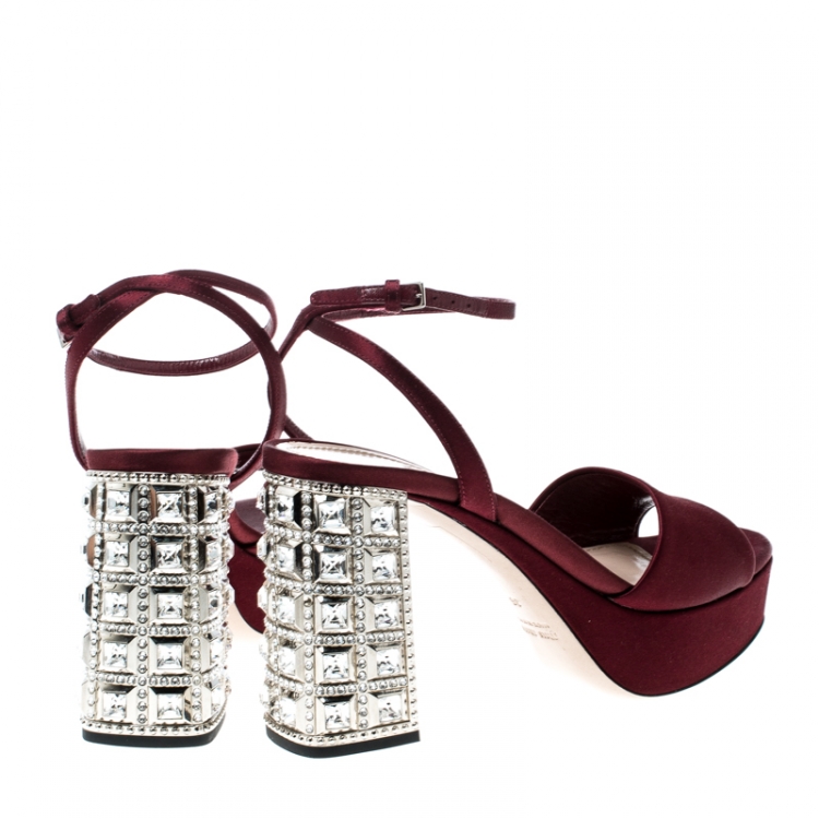 Pre Owned Miu Miu Burgundy Satin Crystal Embellished Block Heel Ankle Strap Sandals Size 36