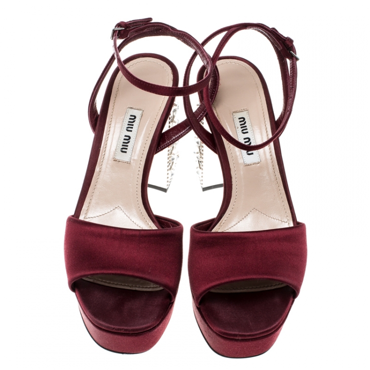 Pre Owned Miu Miu Burgundy Satin Crystal Embellished Block Heel Ankle Strap Sandals Size 36