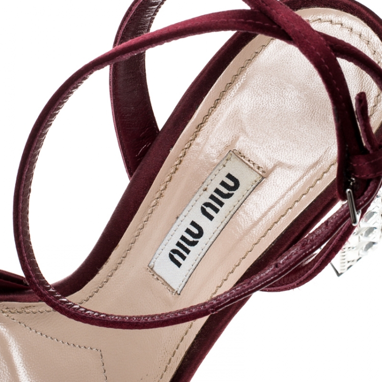 Pre Owned Miu Miu Burgundy Satin Crystal Embellished Block Heel Ankle Strap Sandals Size 36