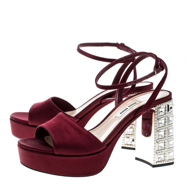 Pre Owned Miu Miu Burgundy Satin Crystal Embellished Block Heel Ankle Strap Sandals Size 36
