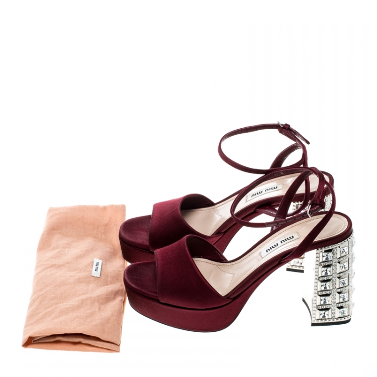 Pre Owned Miu Miu Burgundy Satin Crystal Embellished Block Heel Ankle Strap Sandals Size 36
