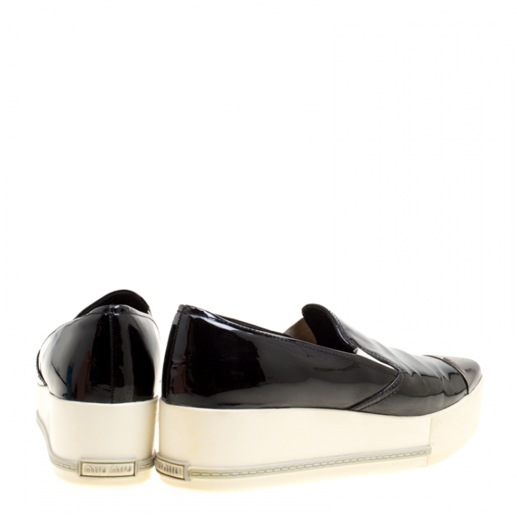 Pre Owned Miu Miu Black Patent Leather Metal Cap Toe Platform Slip On Sneakers Size 41